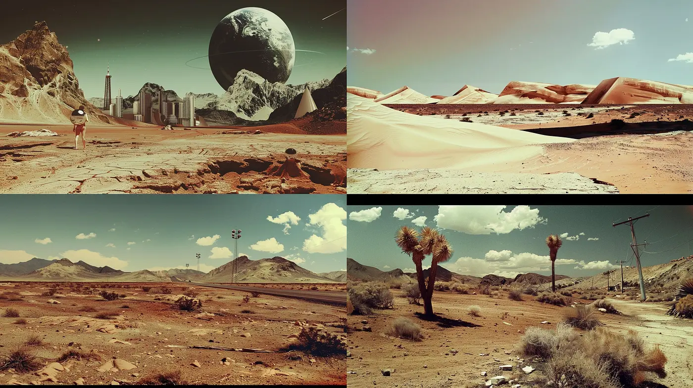 Retrofuturistic Desert Dreamscape: A Consistent Vision of Arid Tranquility - Midjourney sref style