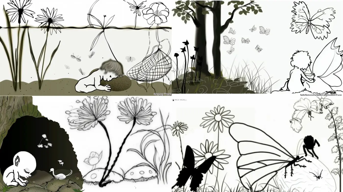 Whimsical Monochrome Garden: A Fantasy of Flora and Fauna in Greyscale - Midjourney sref style