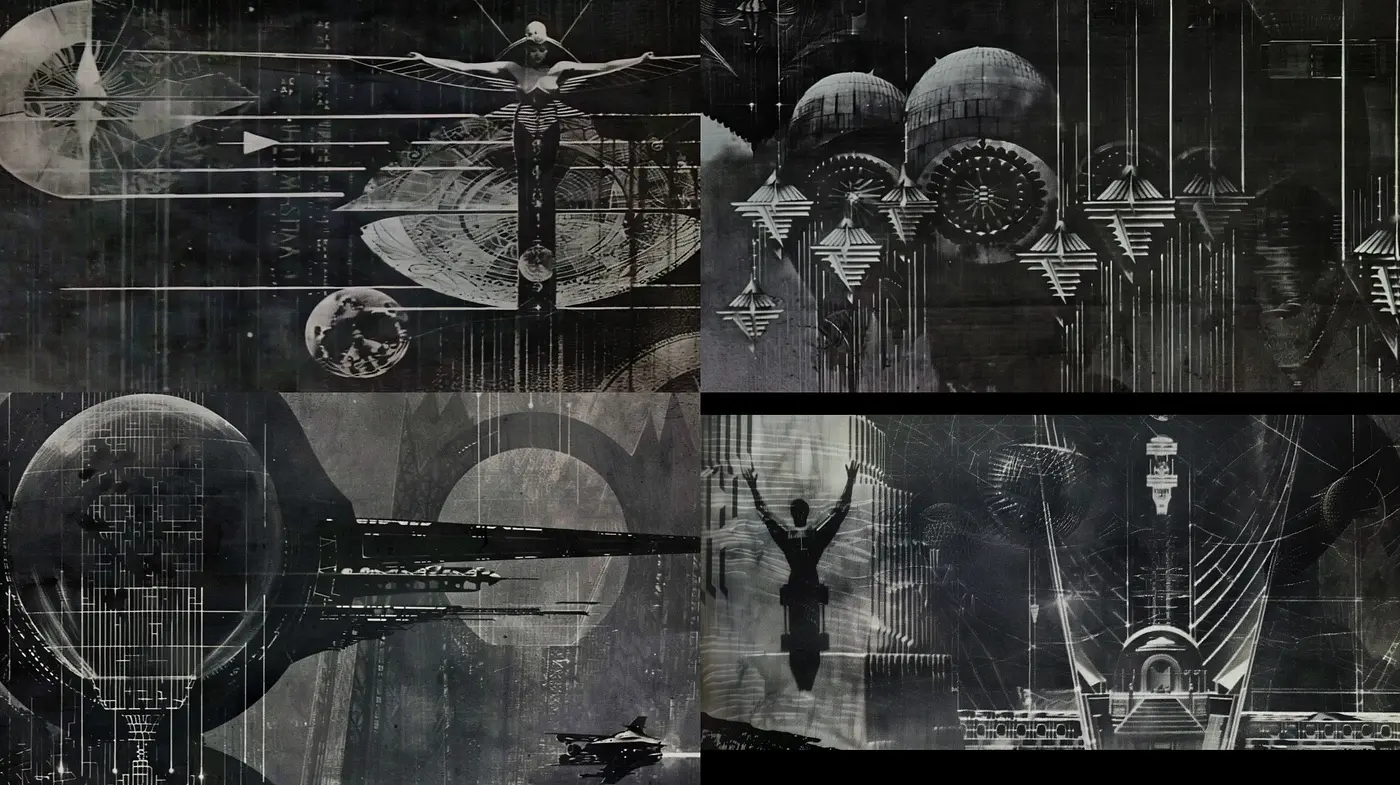 Futuristic Noir Dreamscapes: Geometric Symmetry Meets Eclipse Motifs - Midjourney sref style