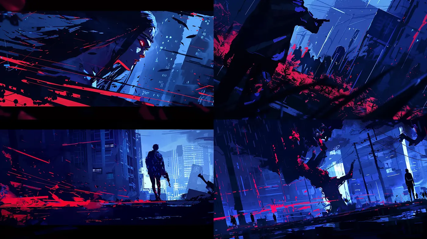 Neon-Noir Cyberpunk Visions with Dynamic Brushwork - Midjourney sref style