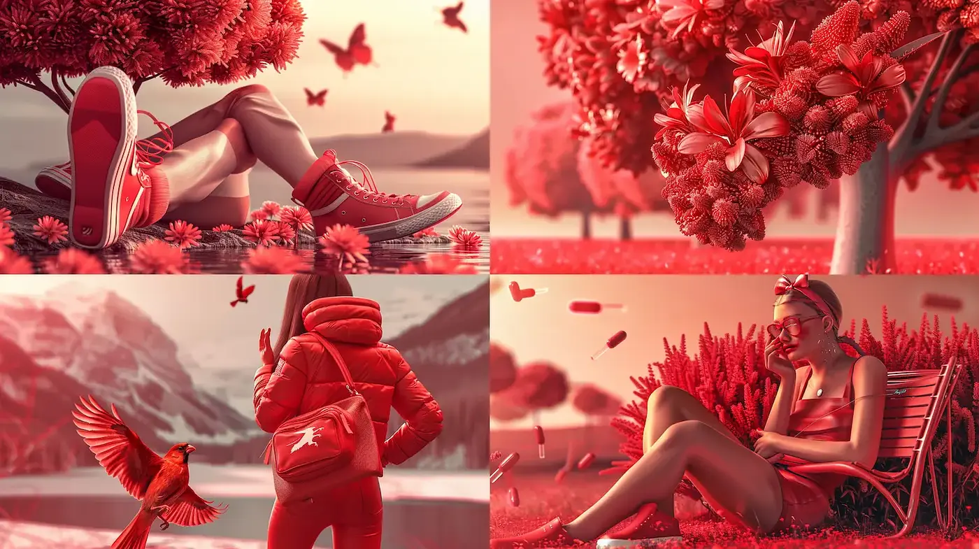 Vivid and Engaging Red Tones with a Playful, Dynamic Atmosphere - Midjourney sref style