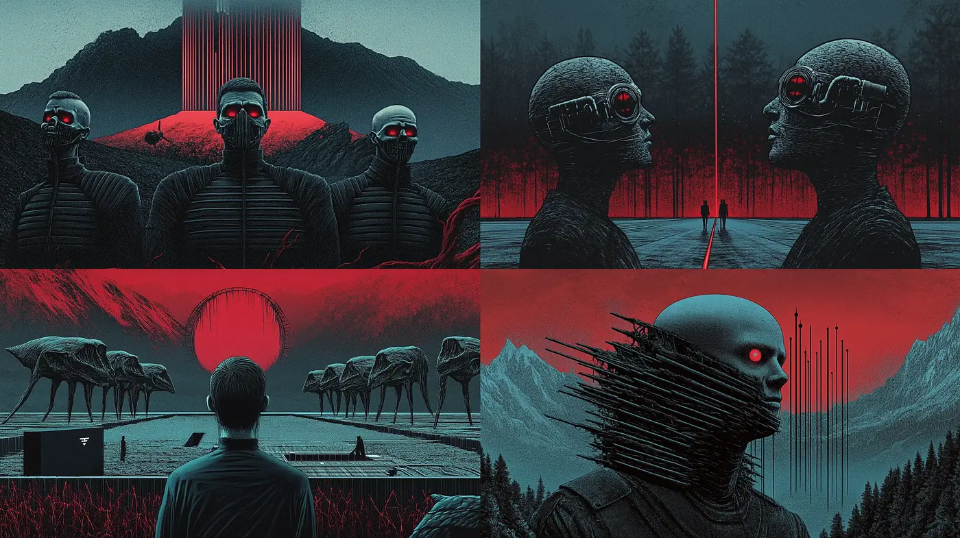 Futuristic Dystopian Visions in Red and Black - Midjourney sref style