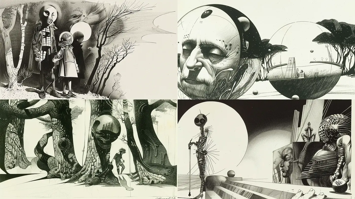 Surrealist Dreamscape in Monochromatic Etching - Midjourney sref style