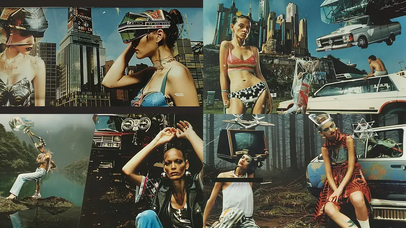 Futuristic Collage with Vintage Aesthetic and Urban Elements - Midjourney sref style