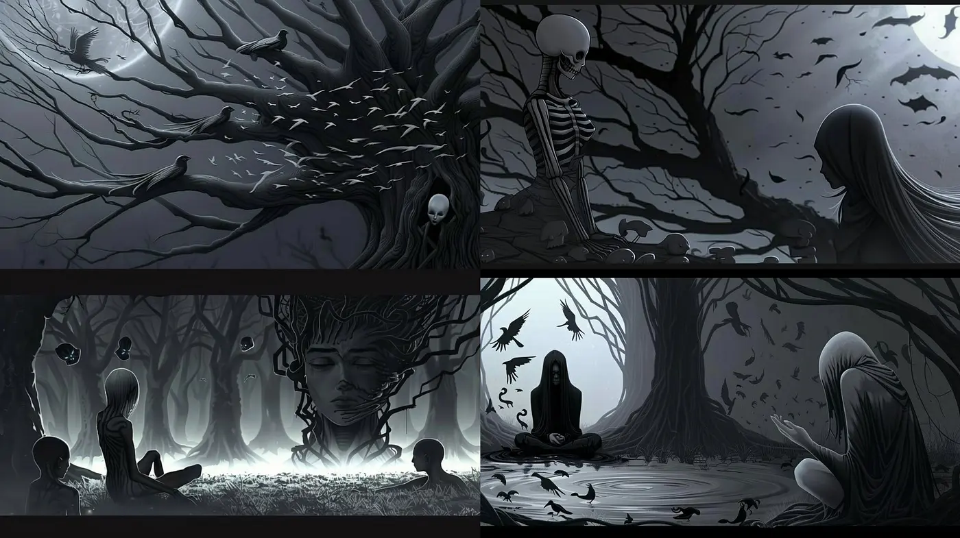Monochromatic Elegy: An Homage to Shadow and Light in Stylized Gothic Art - Midjourney sref style