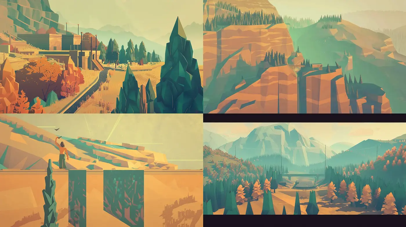 Harmonious Earth-toned Geometric Landscape Visions - Midjourney sref style