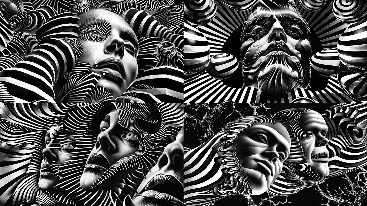 Monochromatic Op Art Portraiture Fusion - Midjourney sref style