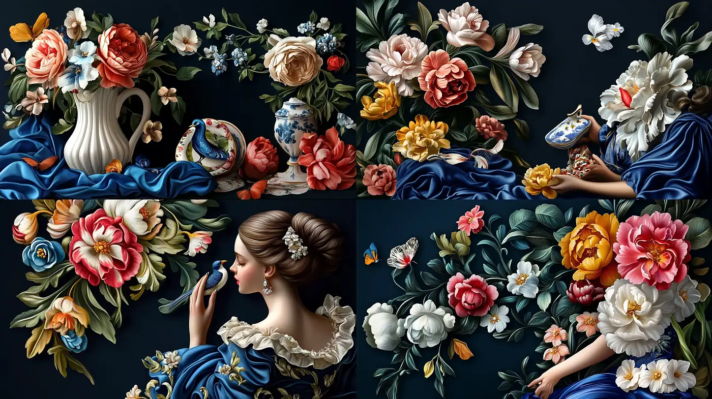 Baroque Opulence: A Symphony of Textural Florals and Vintage Elegance through Digital Artistry - Midjourney sref style