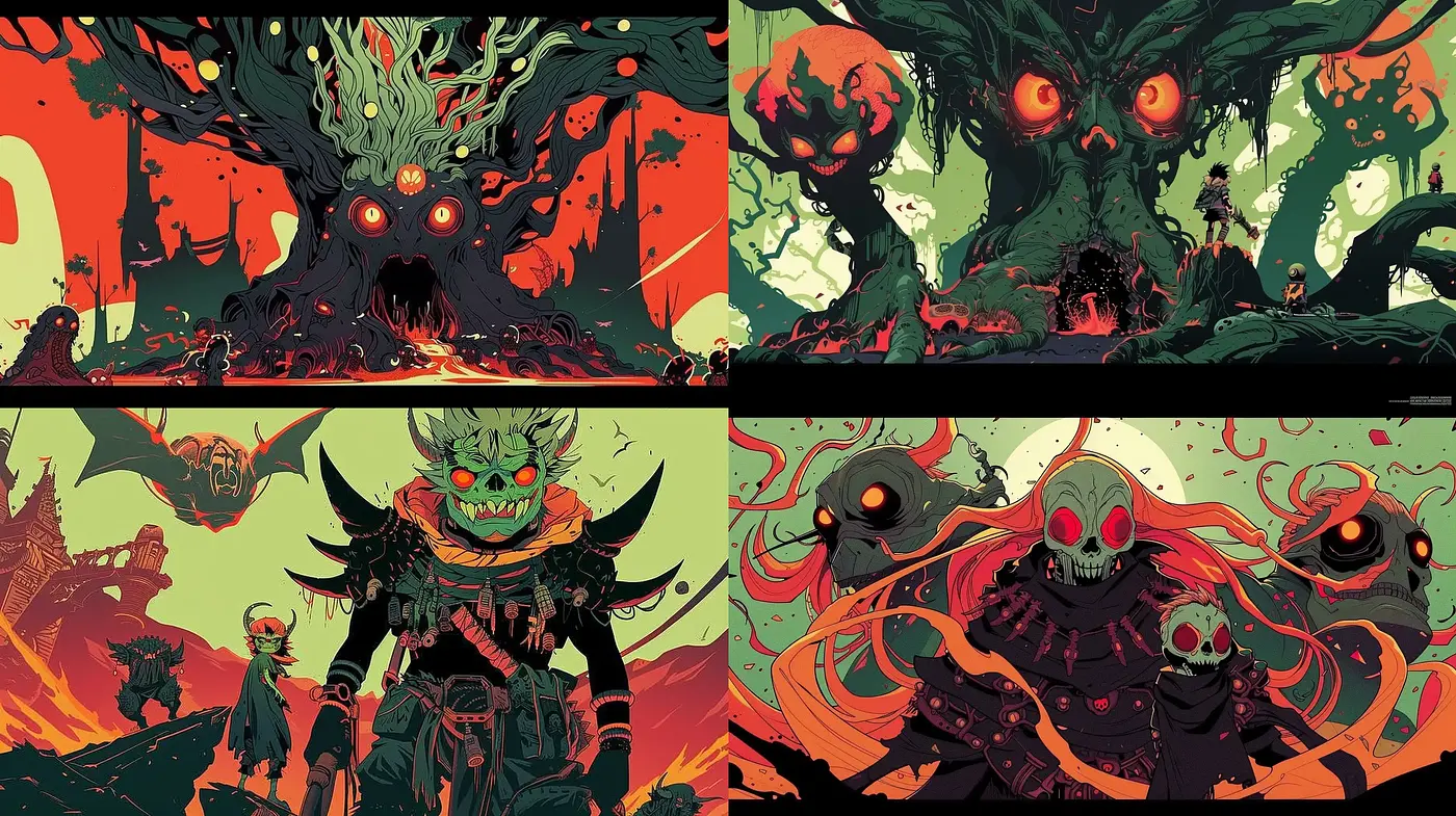 Surreal Mythos Fusion in Stylized Comic Tableau - Midjourney sref style