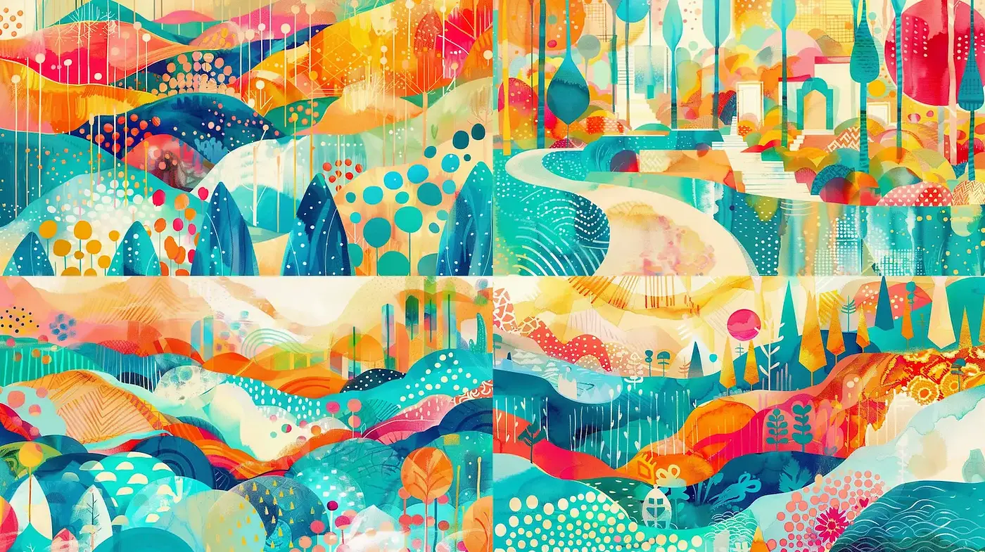 Vibrant, Abstract Landscapes with a Playful Geometric Aesthetic - Midjourney sref style