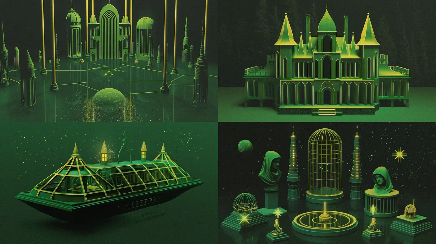 Emerald Twilight: A Consistent Study in Monochromatic Fantasy Architecture - Midjourney sref style