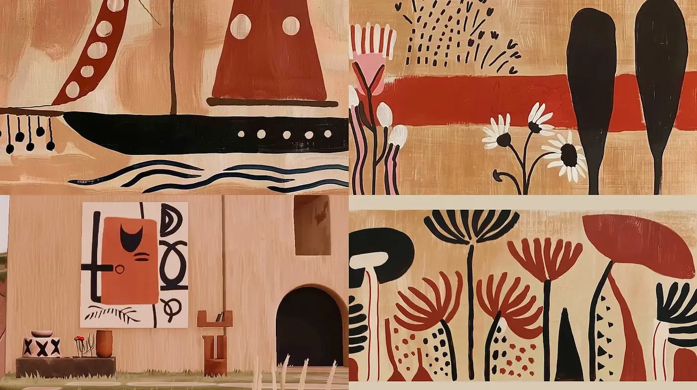 Eclectic Mid-Century Decorative Art with Whimsical Floral Elements - Midjourney sref style