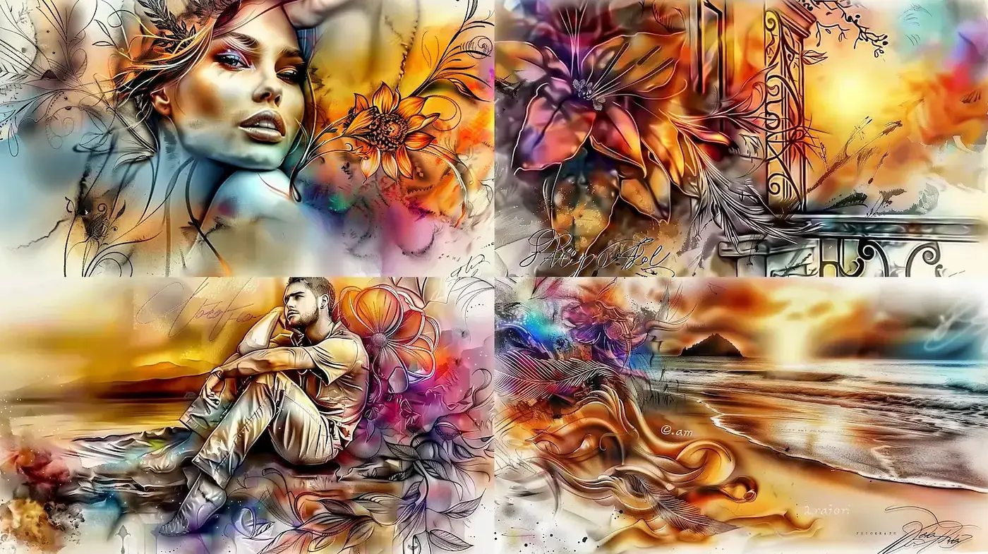 Vibrant Emotional Landscapes with Floral Elements and Dynamic Brushwork - Midjourney sref style