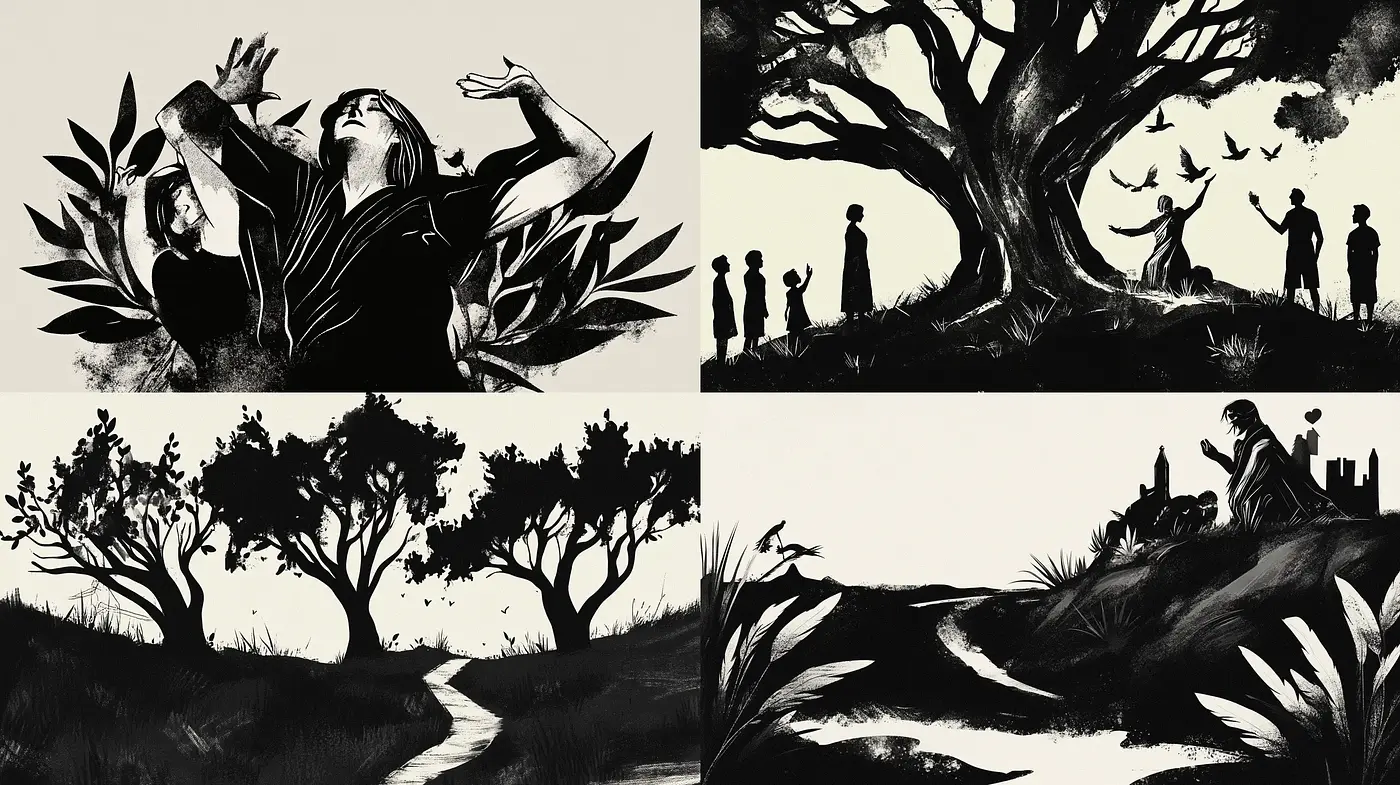Silhouetted Visions of Nature and Humanity: A Study in Monochromatic Contrast - Midjourney sref style