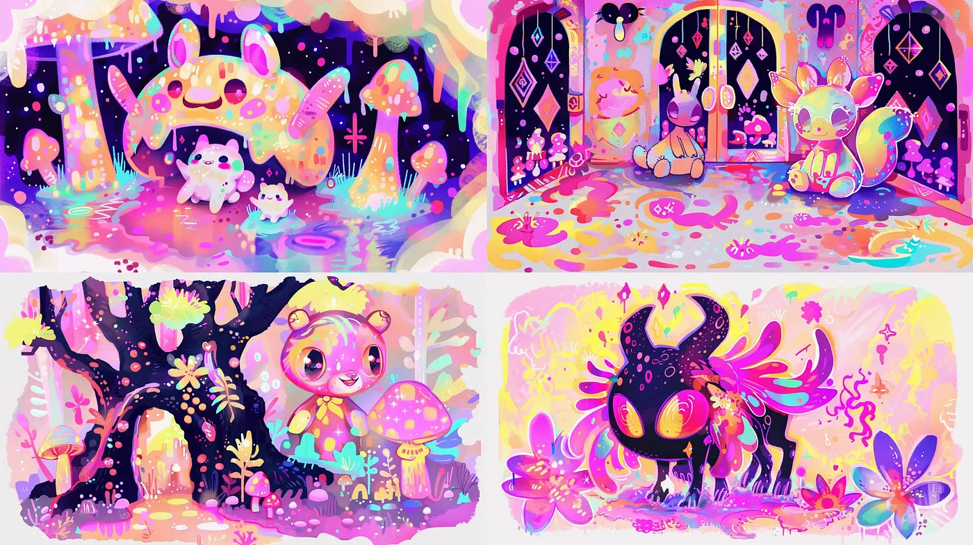 Psychedelic Dreamscape: A Whimsical Fusion of Fantasy and Vibrance - Midjourney sref style
