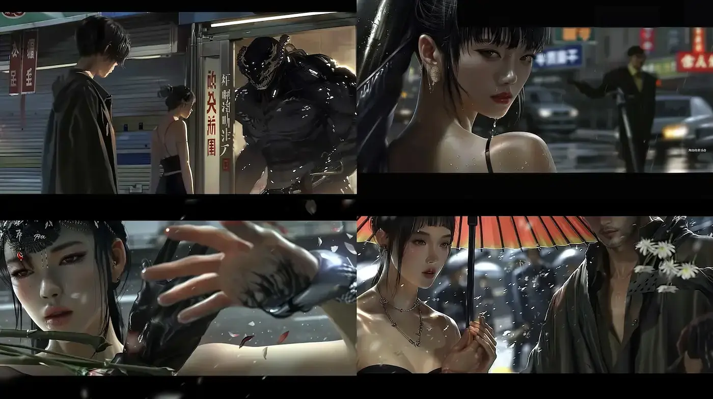Rain-kissed Cyber Nocturnes: A Fusion of Neon-Gothic and East-Asian Aesthetic - Midjourney sref style