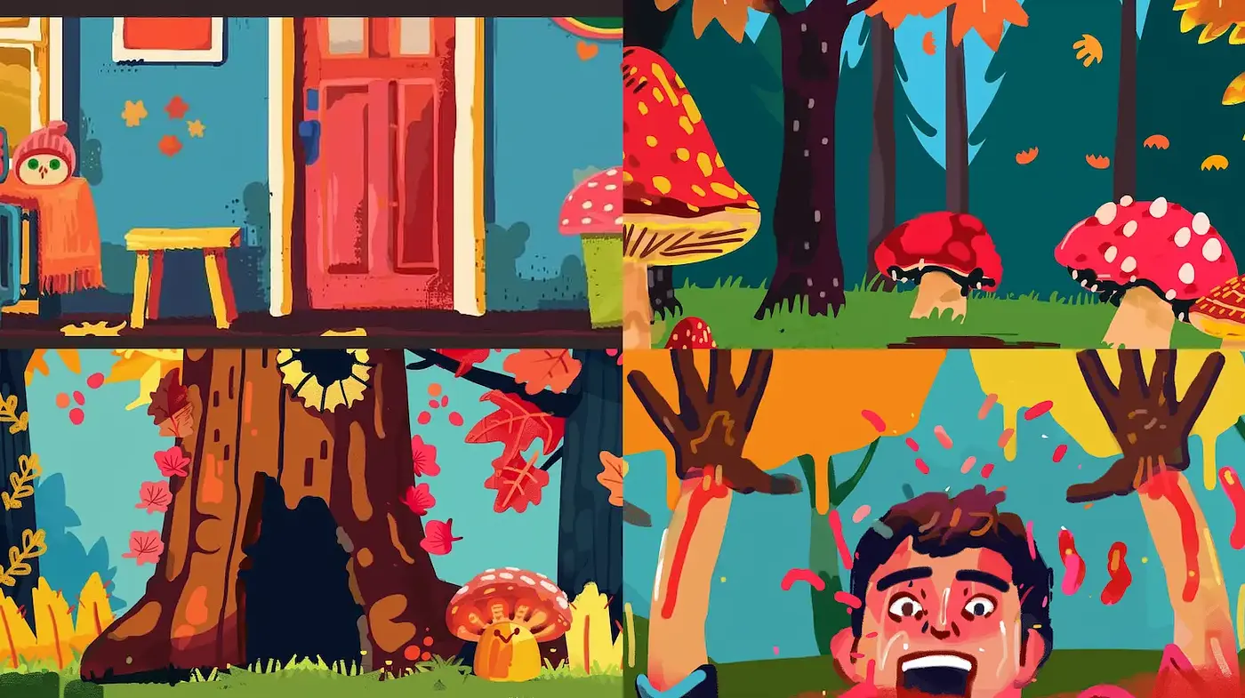 Colorful and whimsical illustrated scenes with a playful narrative - Midjourney sref style