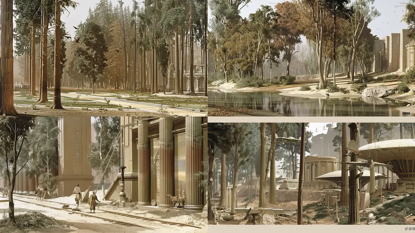 Serene Landscapes with Ancient Architectural Elements and Nature - Midjourney sref style