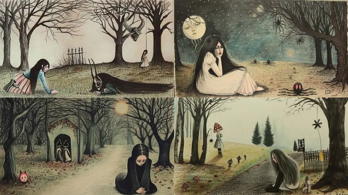Eerie and whimsical imagery with a haunting fairy tale quality - Midjourney sref style
