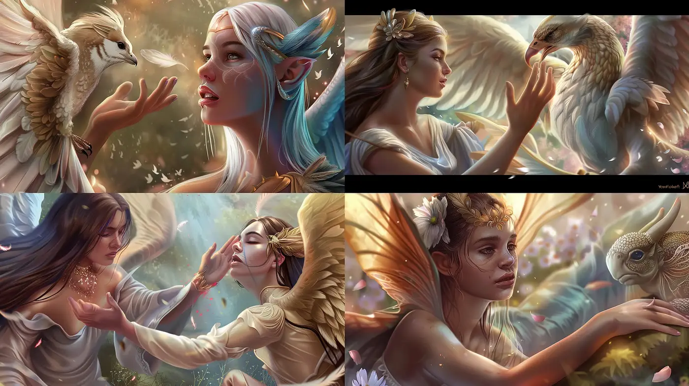 Ethereal Fantasy Realism with Luminous Hues and Tender Interactions - Midjourney sref style