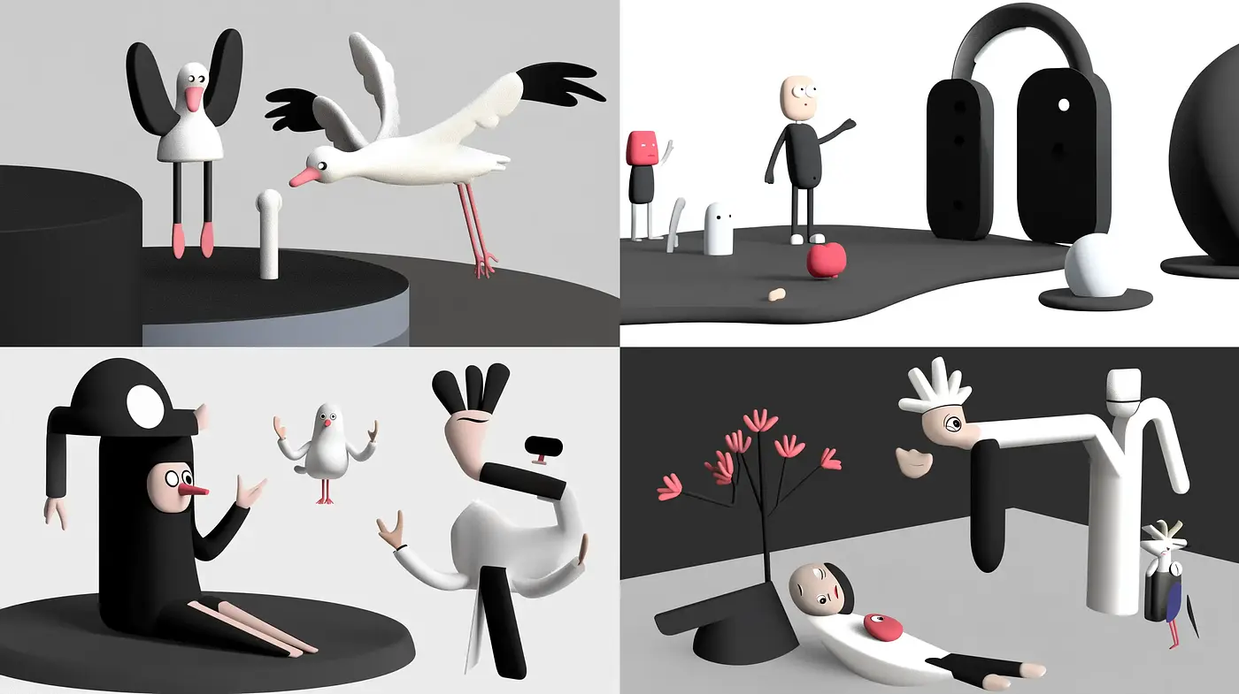 Monochromatic Whimsy: Stark Contrasts Meet Playful Imagery - Midjourney sref style