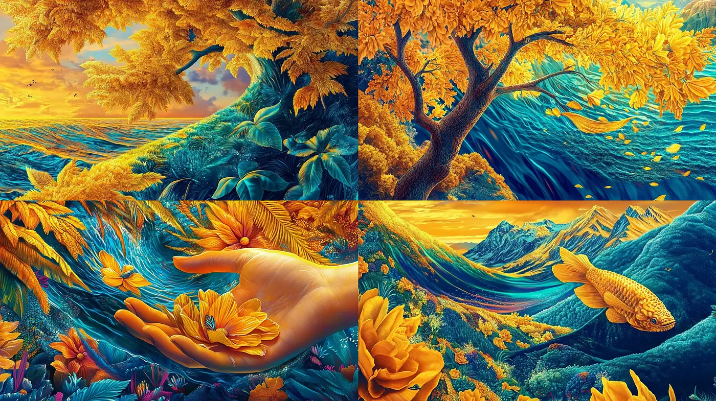 Surreal Golden Dreamscape: A Fusion of Nature and Fantasy - Midjourney sref style