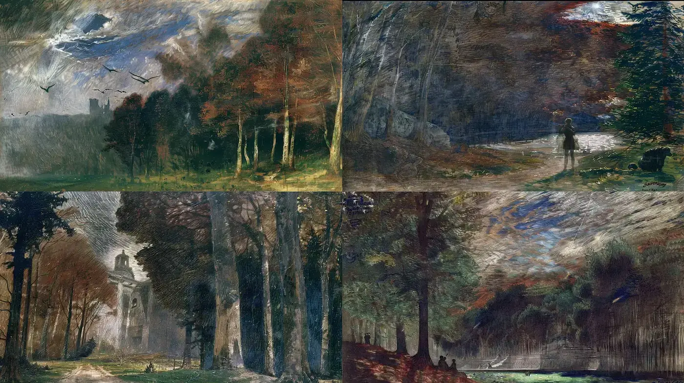 Dark, moody landscapes with a classical artistic touch - Midjourney sref style