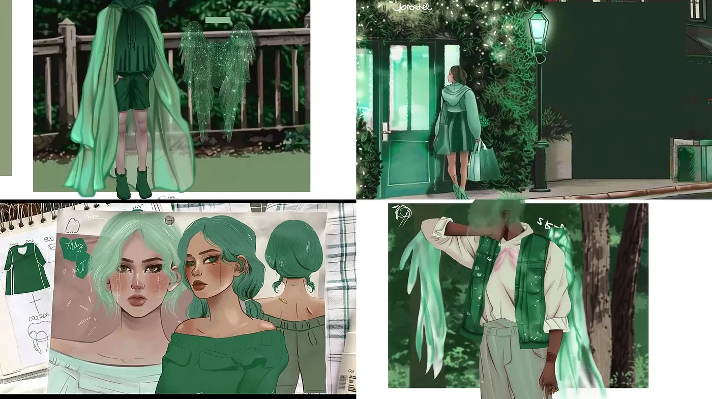 Ethereal Emerald Hues in Lush Illustrative Dreamscapes - Midjourney sref style
