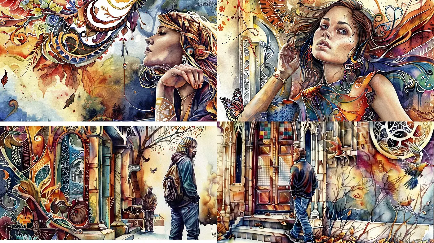 Vivid Watercolor Dreamscape: A Fusion of Organic Motifs and Ethereal Textures - Midjourney sref style