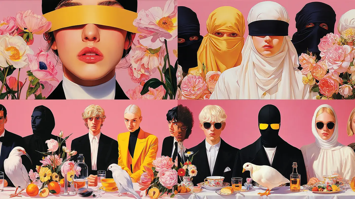 Surreal Contemporary Portraiture with Floral Elements and Graphic Composition - Midjourney sref style