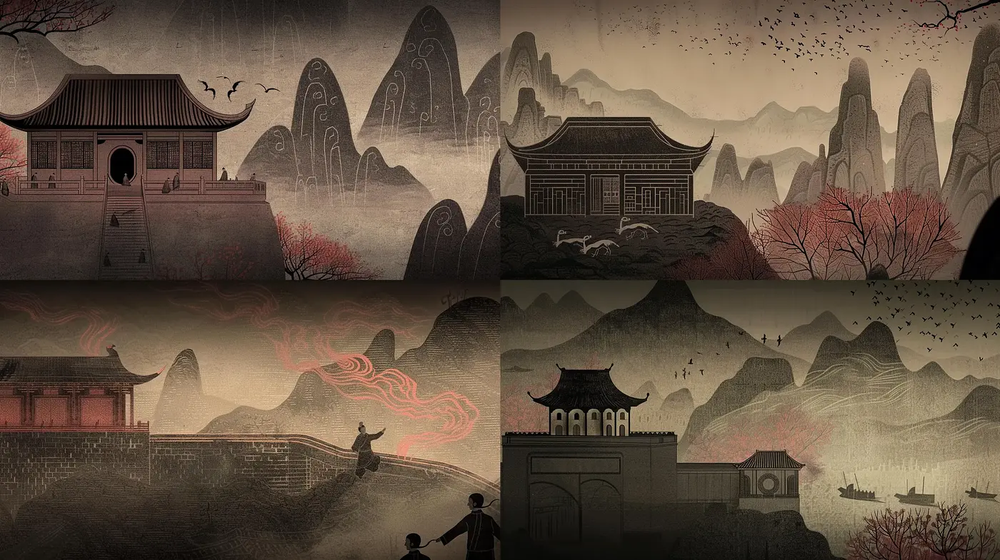 Ethereal Oriental Landscape with a Tinge of Gothic Noir - Midjourney sref style