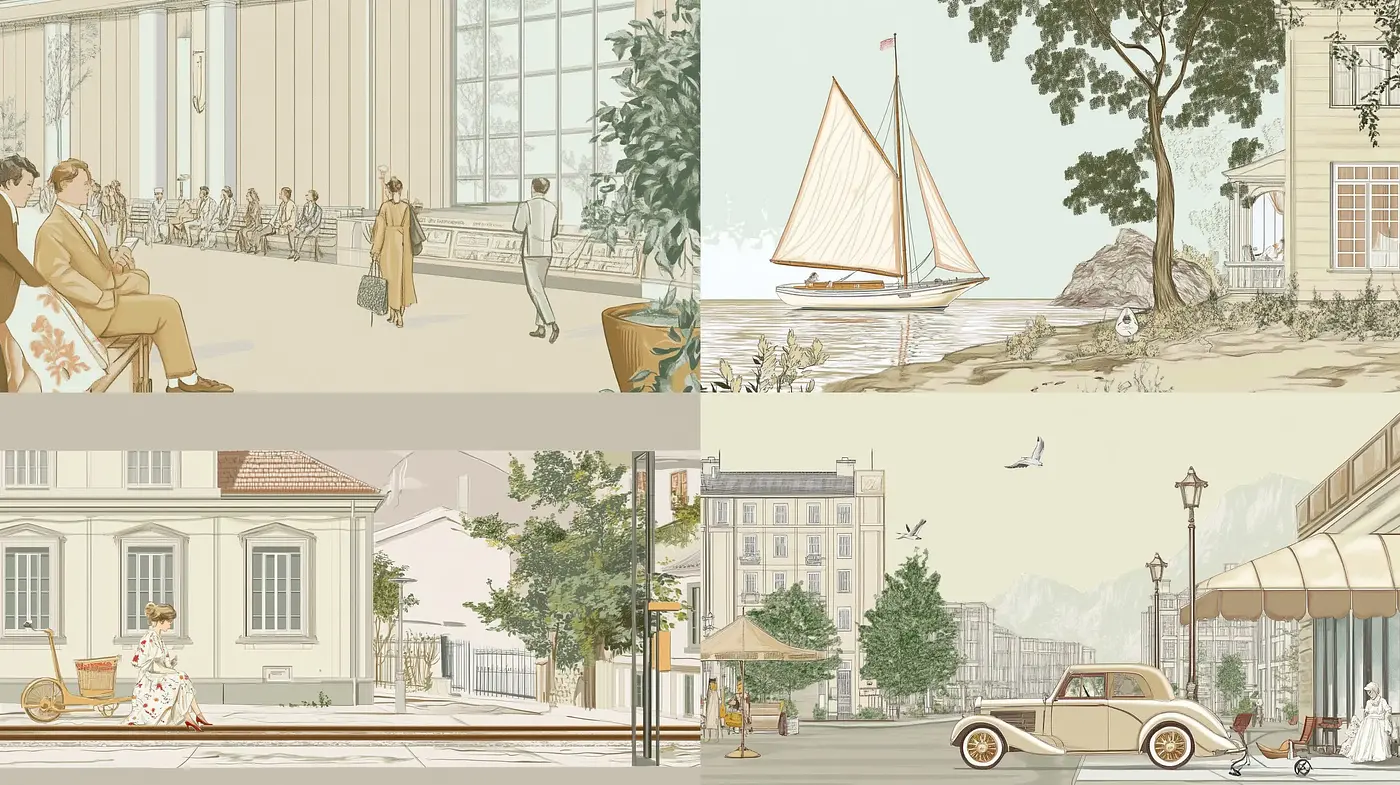 Soft Pastel Illustrations of Serene Urban and Nautical Life - Midjourney sref style