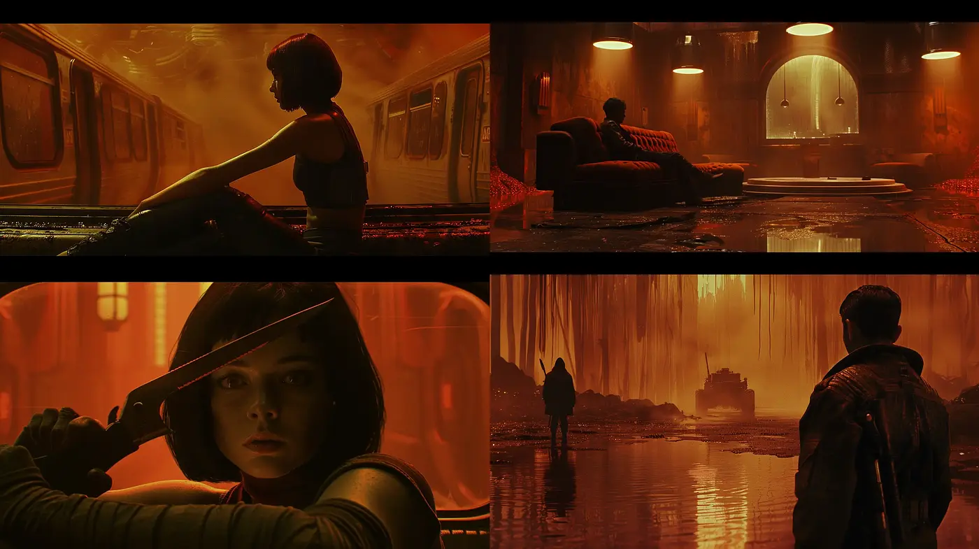 Noir-Inspired Cinematic Visions with a Retrofuturistic Glow - Midjourney sref style