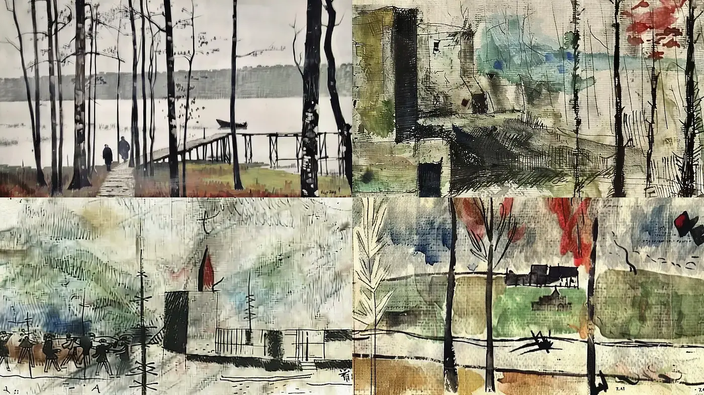 Evocative Watercolor Landscapes with Abstract Elements and Nostalgic Tone - Midjourney sref style