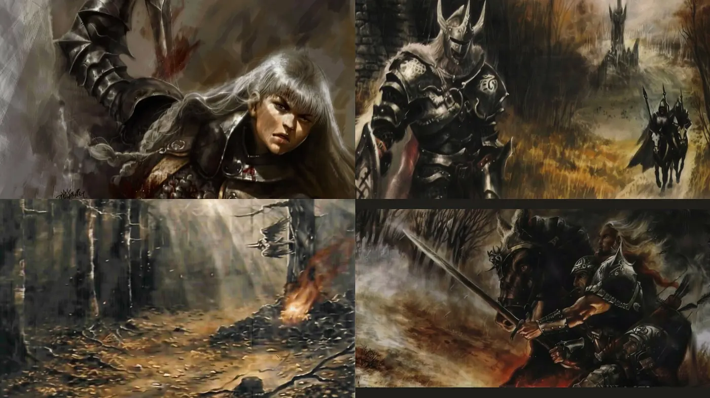 Ethereal Brushstrokes of Twilight: A Study in Ominous Elegance and Timeless Valor - Midjourney sref style