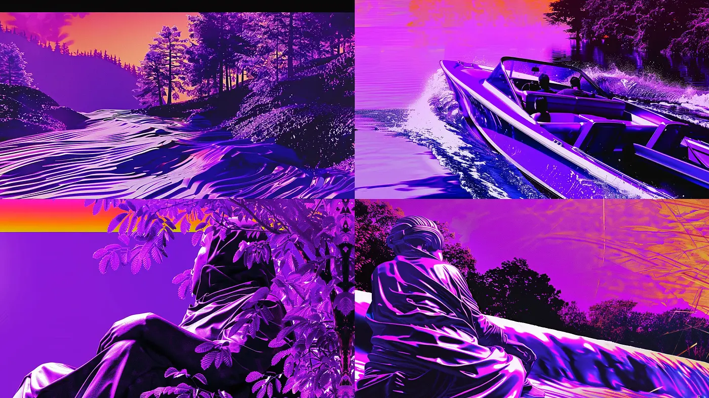 Synthetic Luminance: A Cybernetic Dreamscape in Vivid Purples and Oranges - Midjourney sref style