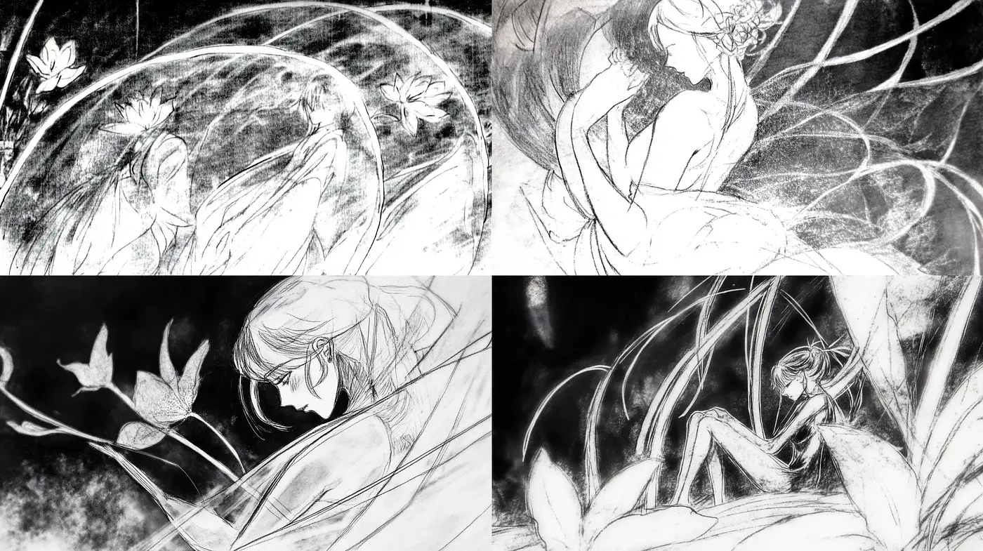Ethereal Monochrome Ink Wash Visions - Midjourney sref style