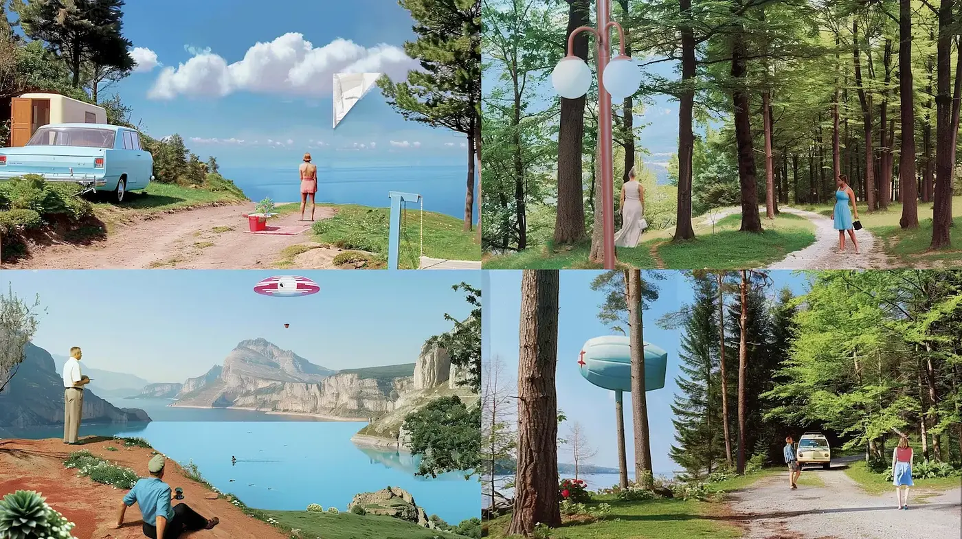 Surreal Nostalgic Landscapes with Retro Elements and Dreamlike Quality - Midjourney sref style