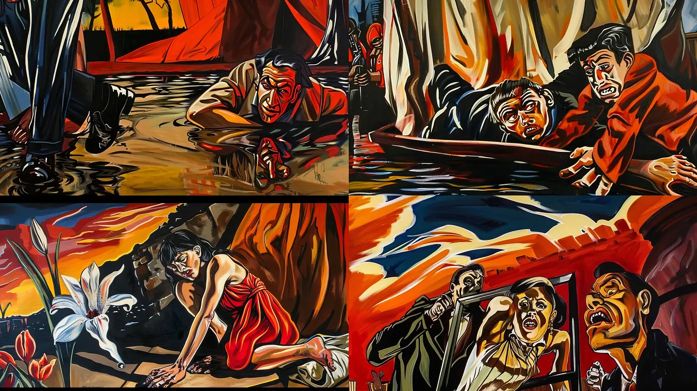 Dramatic Angular Expressionism: Bold Shadows and Vivid Contrasts - Midjourney sref style