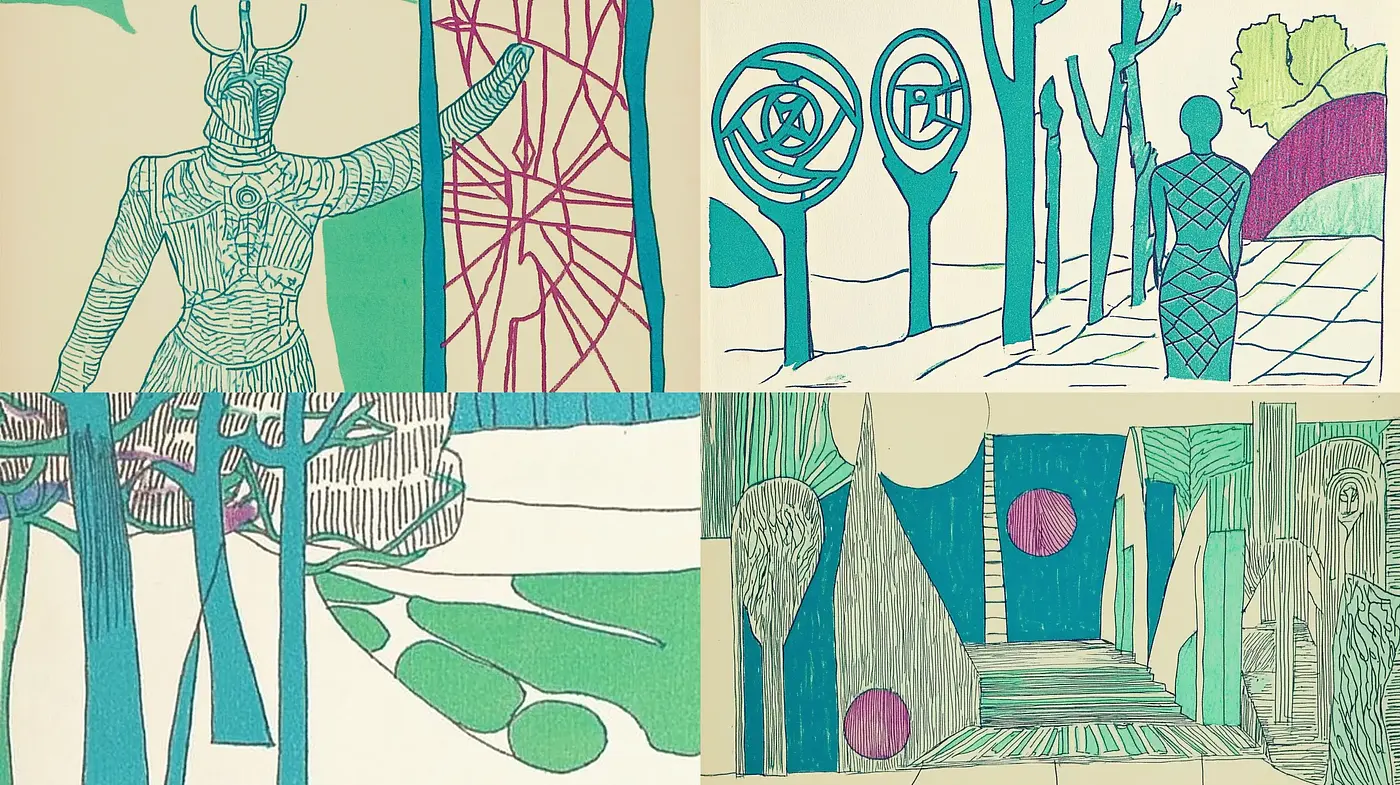 Harmoniously Abstracted Visions of Stylized Contours and Flattened Perspectives - Midjourney sref style