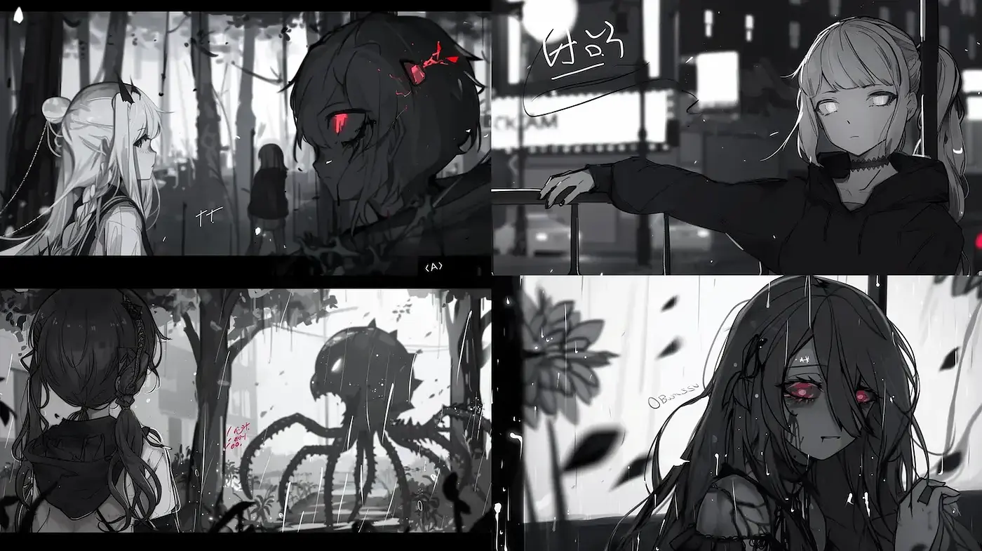 Monochromatic Ethereal Anime Dreamscape - Midjourney sref style