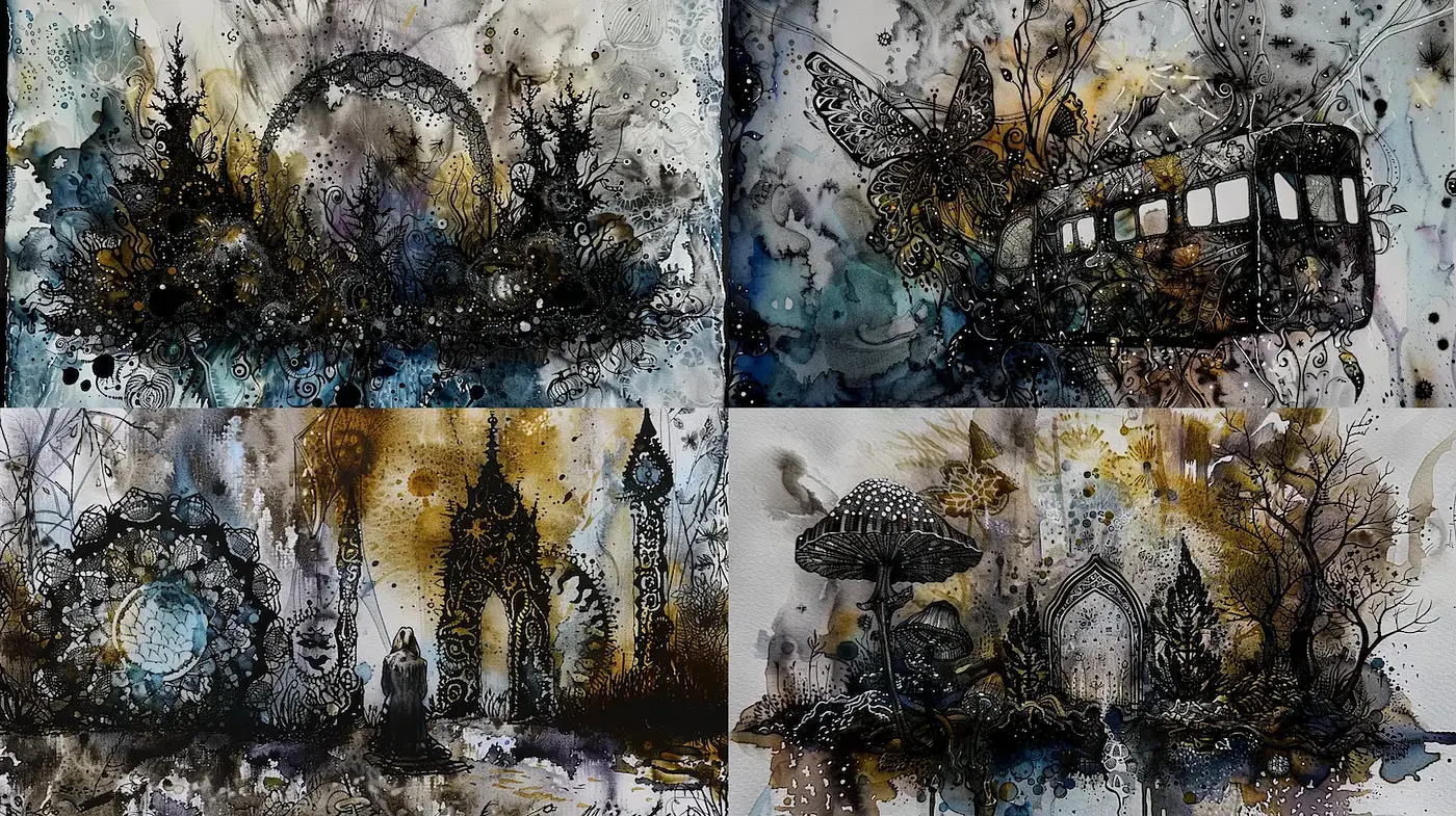 Whimsical and Intricate Ink Illustrations with Ethereal Atmosphere - Midjourney sref style