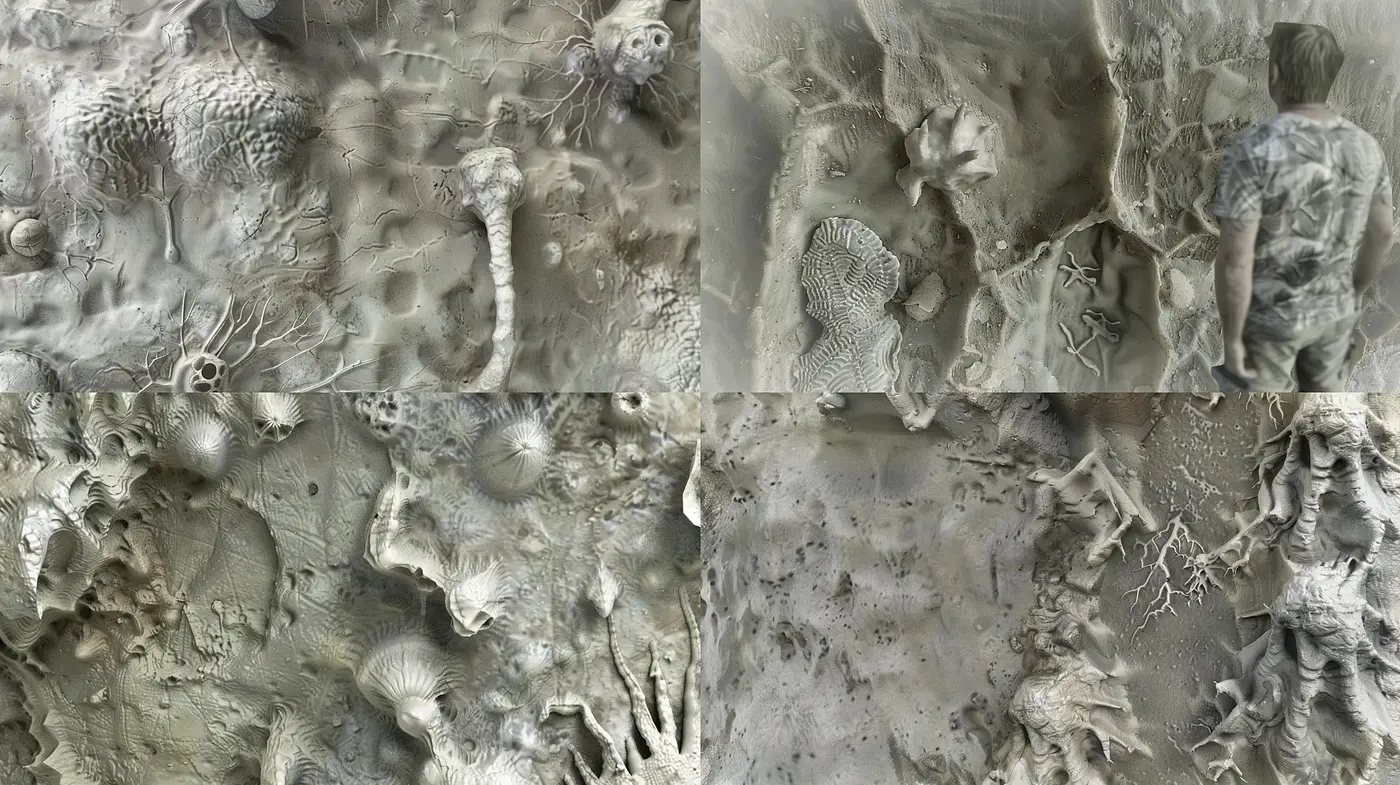Eroded Dreamscape: A Fusion of Fossilized Textures and Monochrome Tones - Midjourney sref style