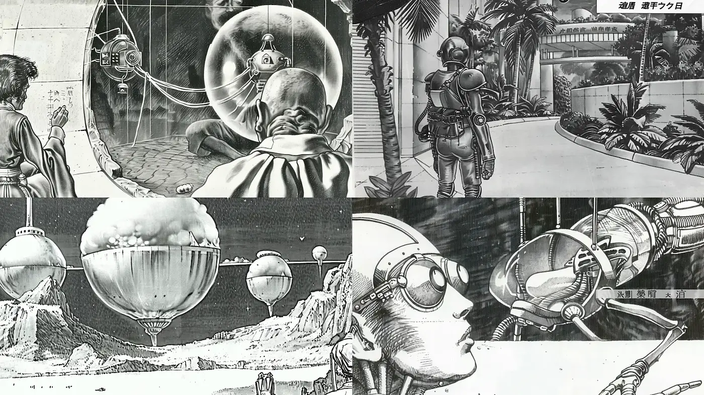 Futuristic, high-contrast black and white illustration with a retro sci-fi vibe - Midjourney sref style