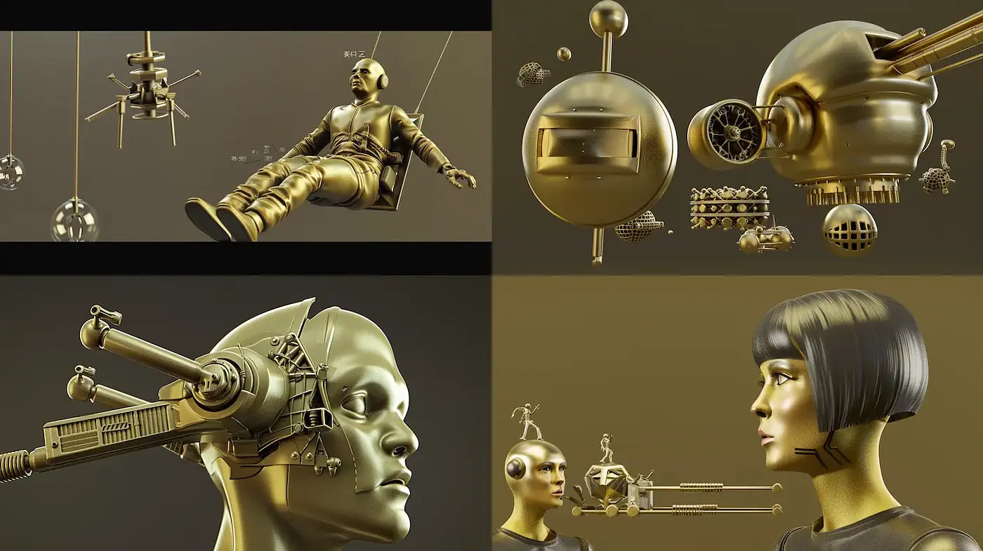 Futuristic Golden Aesthetic with Mechanical Elements - Midjourney sref style