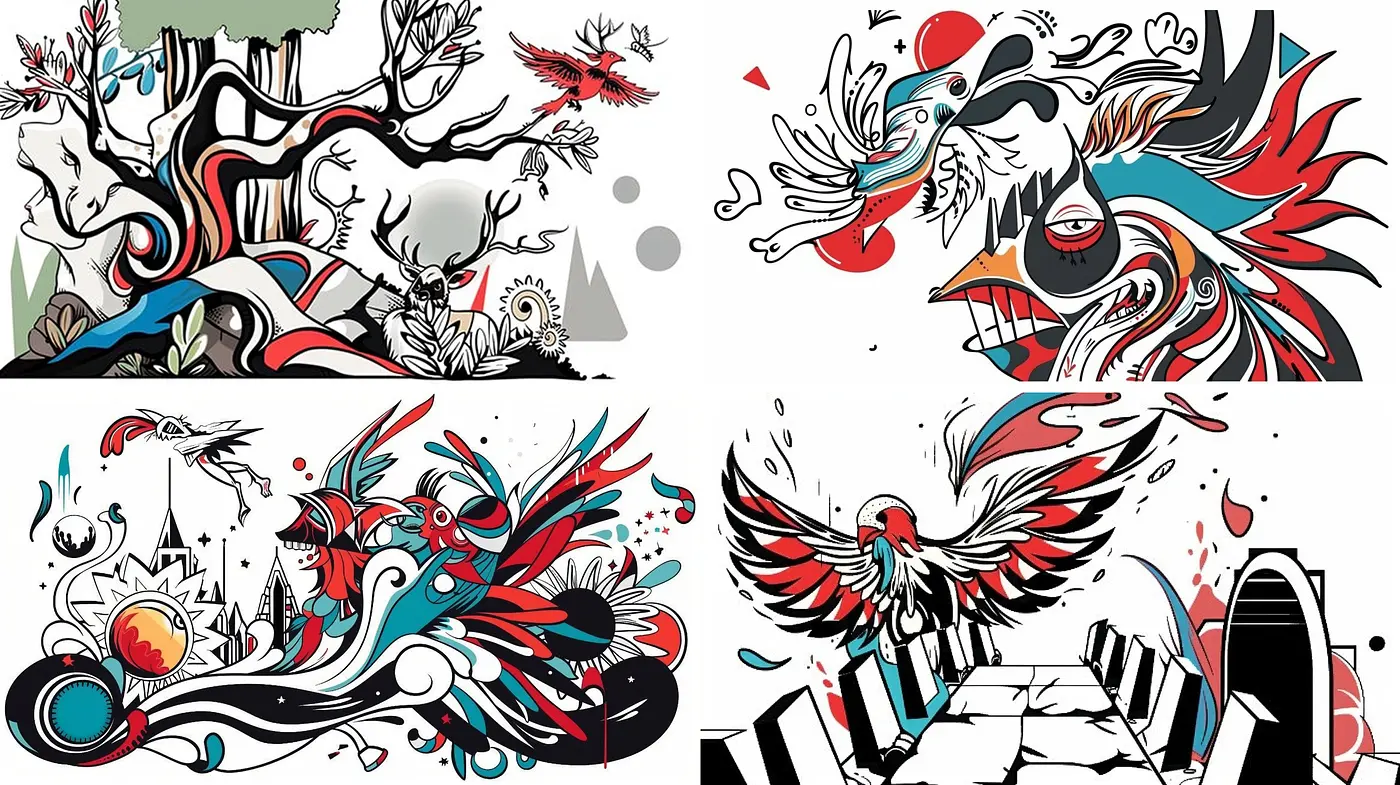 Expressive Abstract Whimsy in Dynamic Monochrome with Chromatic Accents - Midjourney sref style