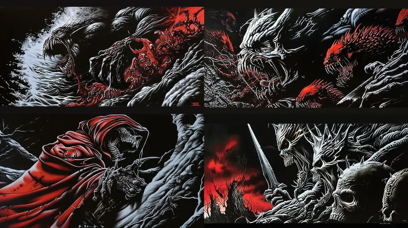 Gothic and macabre style with striking contrasts and dynamic compositions - Midjourney sref style