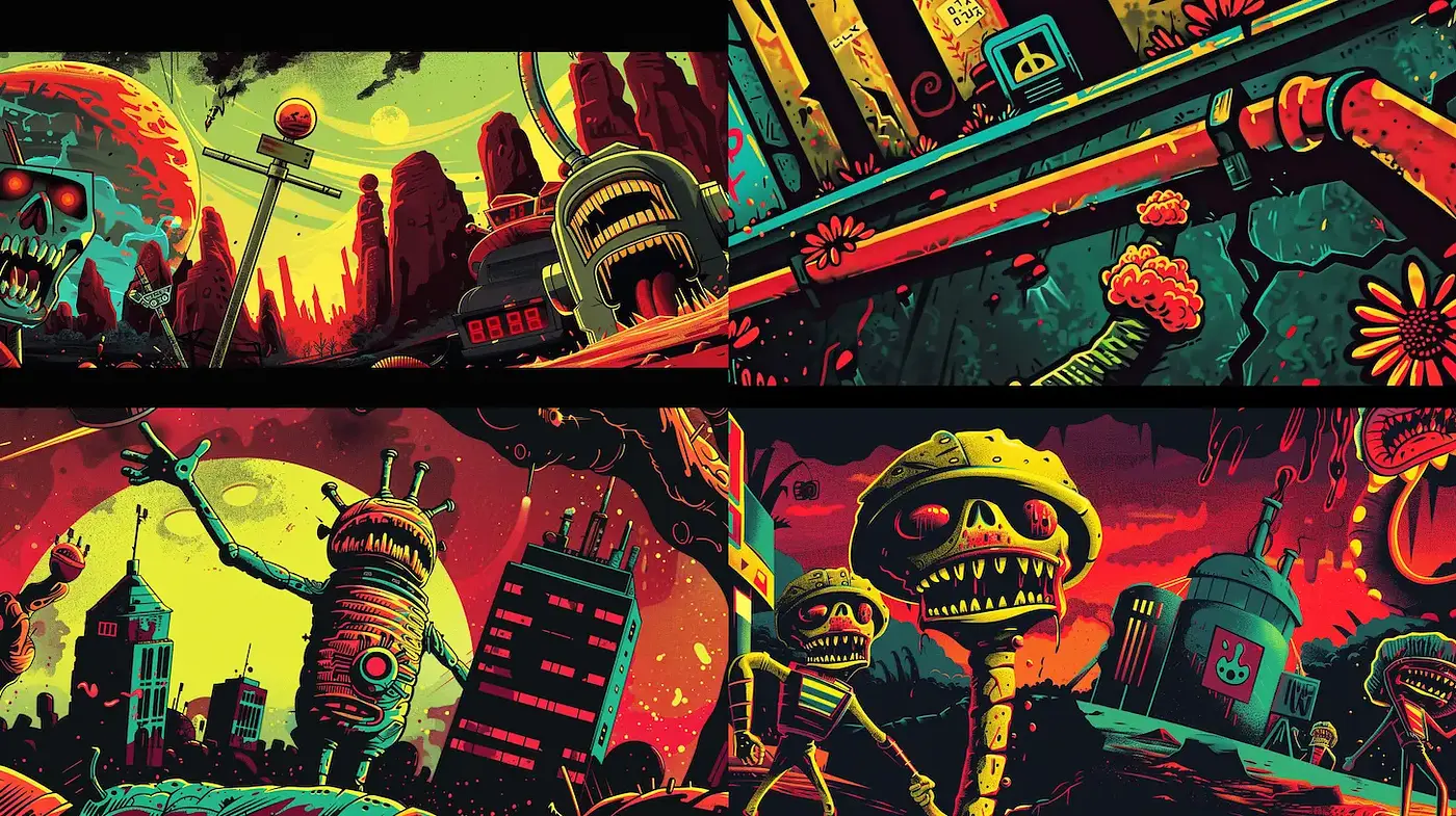 Vibrant and Quirky Dystopian Imagery with a Retro Touch - Midjourney sref style