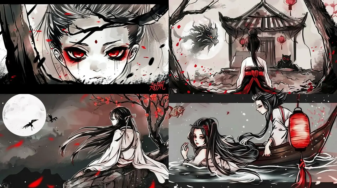 Ethereal Monochrome Elegance with Crimson Highlights - Midjourney sref style