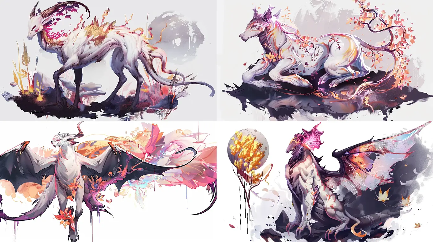 Ethereal Mythical Beasts in Lustrous Watercolor Dreamscapes - Midjourney sref style